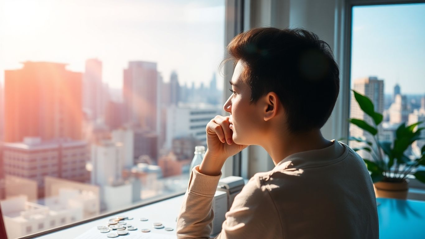Person contemplating financial well-being with city backdrop.
