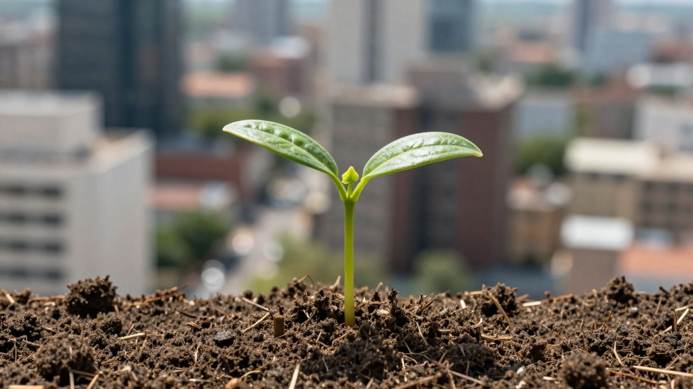 Plantă crescând din pământ, simbolizând creștere și succes.