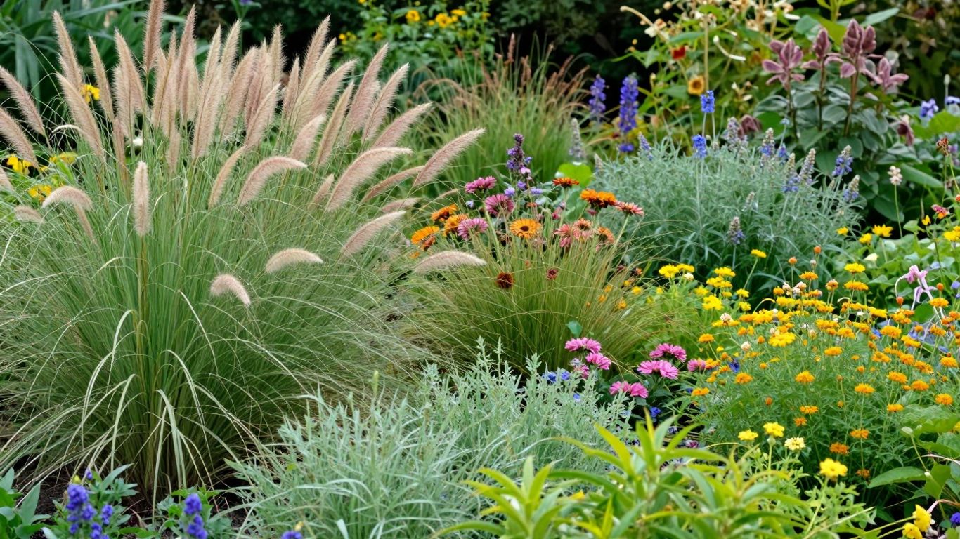 Een weelderige Piet Oudolf tuin met siergrassen en vaste planten.