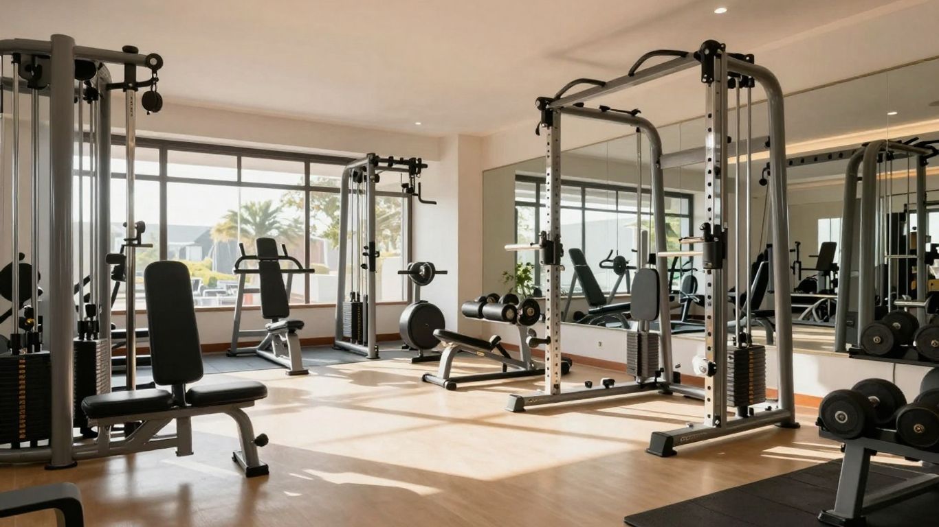 Home gym with various strength training exercise machines.