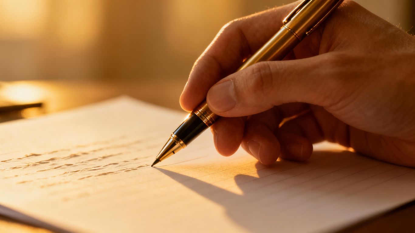 Hand with pen over blank paper for personal statement.