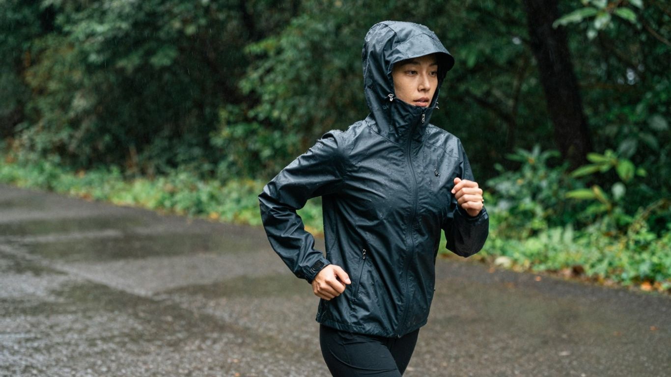 Woman running in waterproof jacket on rainy trail