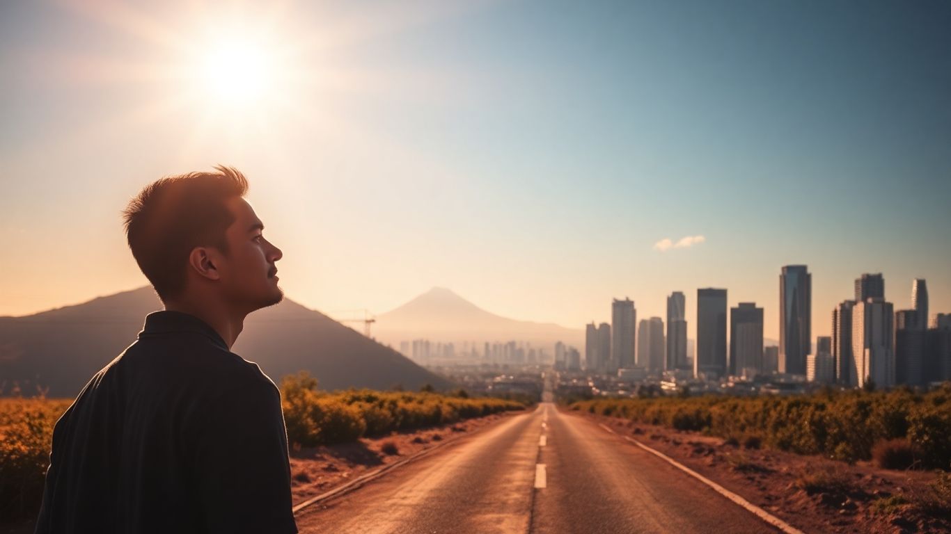 Person at crossroads looking towards mountain peak.
