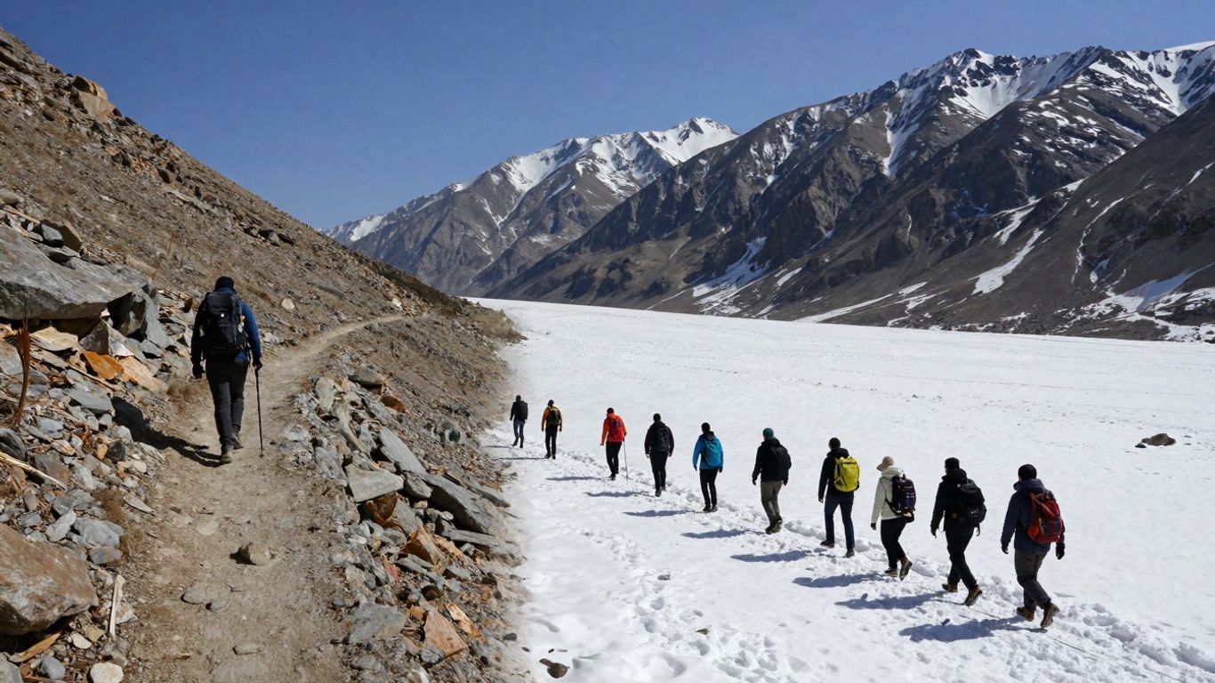 Mountain hiker and snow trekker on different terrains.