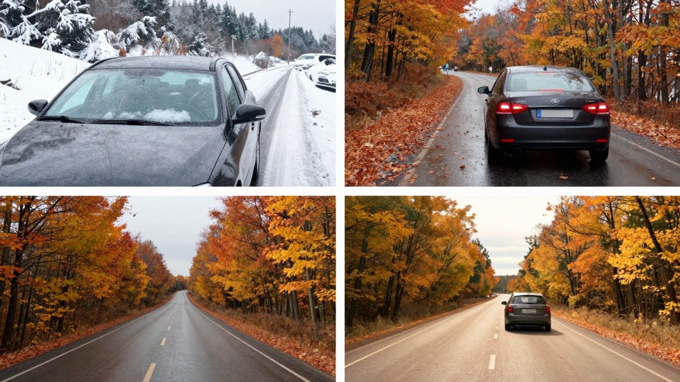 Car driving through different seasonal weather conditions.