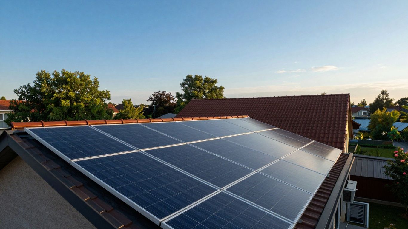 Panneaux solaires sur un toit de maison ensoleillé.