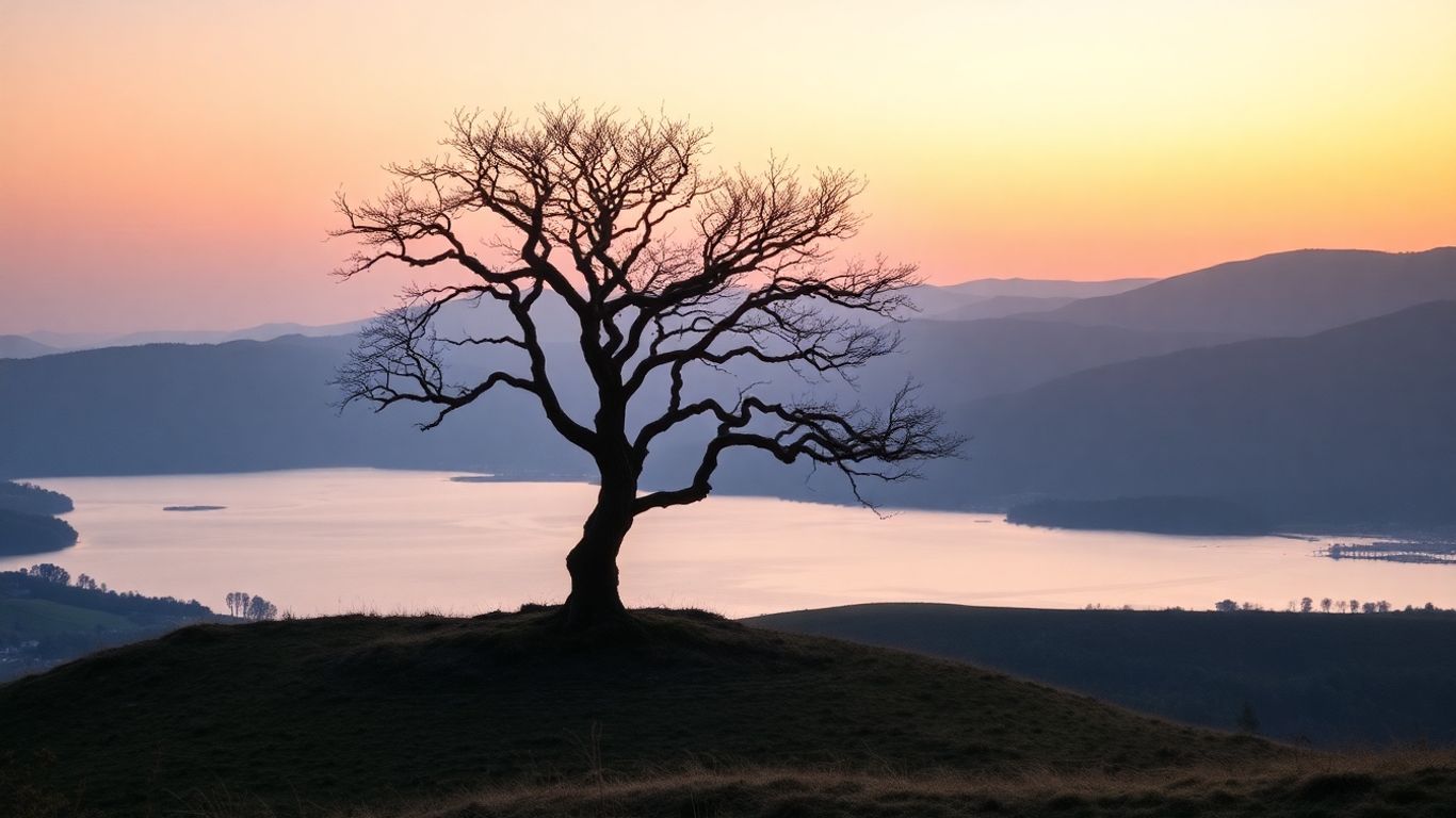 Paisaje sereno al amanecer con árbol antiguo.