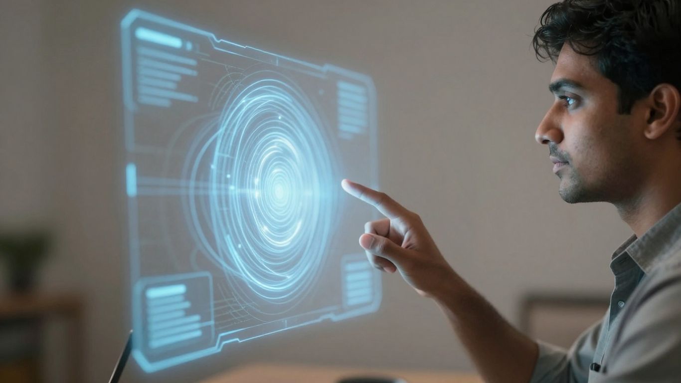 Person communicating with a futuristic AI interface.