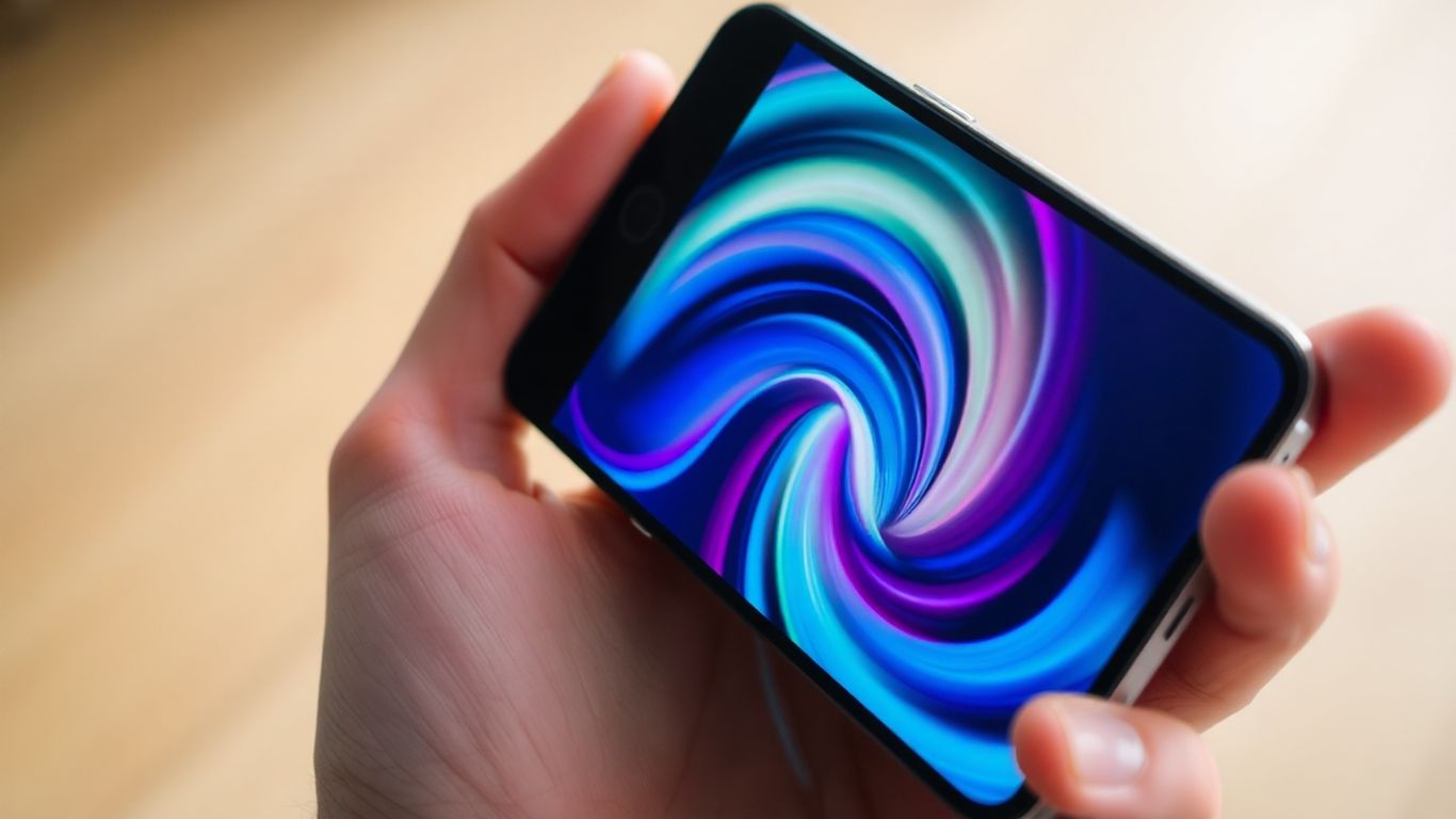 Mão segurando celular com tela colorida e vibrante.