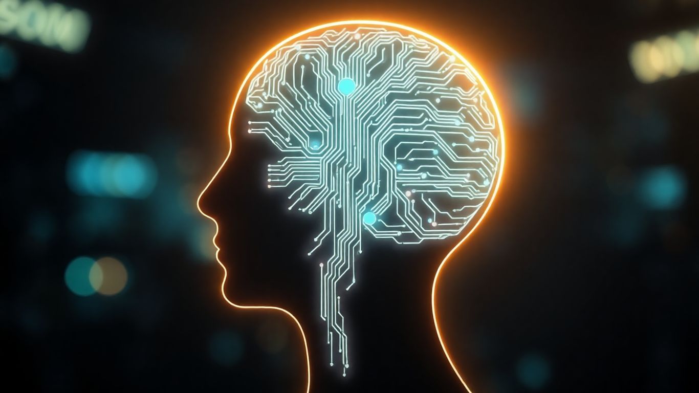 Human head silhouette with glowing internal circuitry patterns.