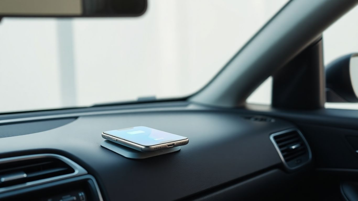 Smartphone charging on car dashboard wireless pad.