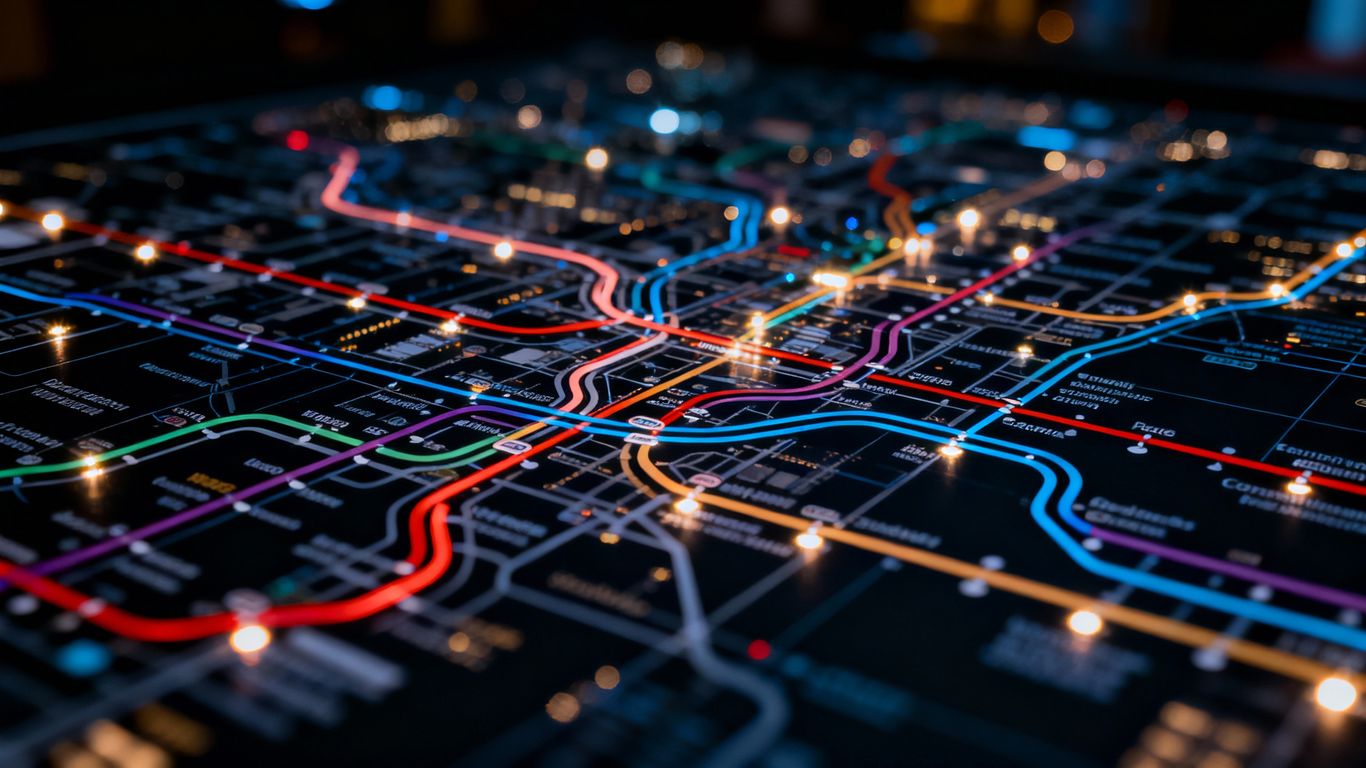 Overhead view of a colorful subway map.