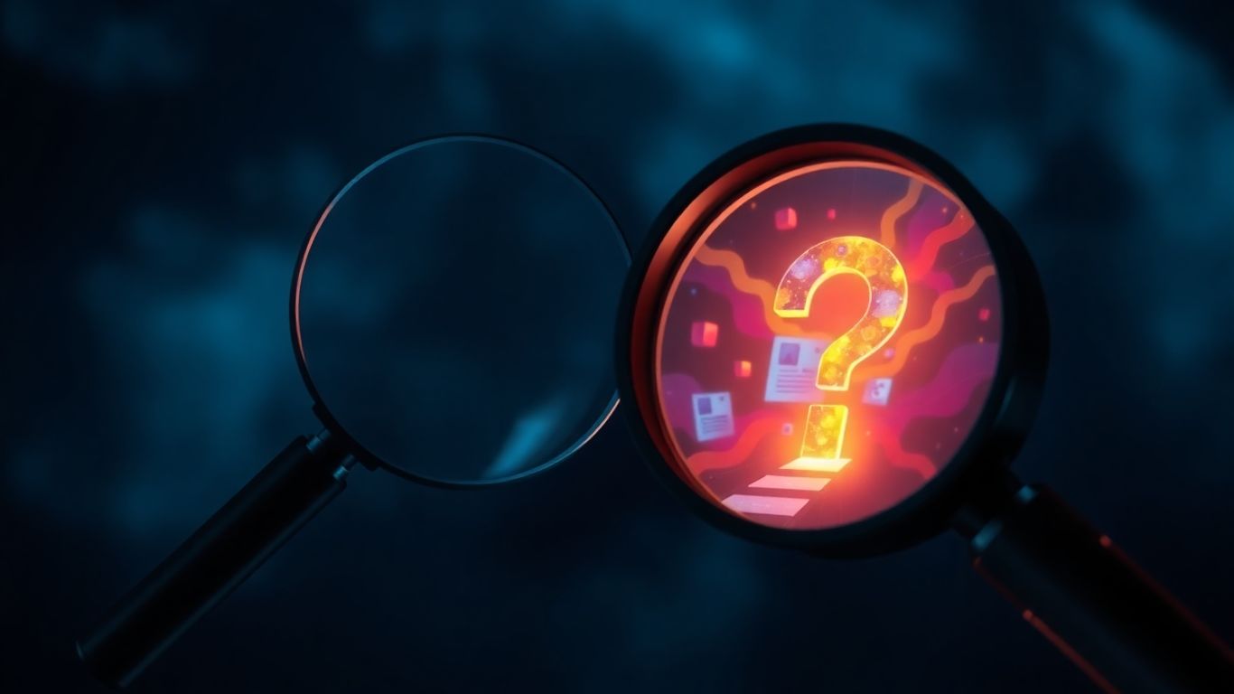 Magnifying glass over question mark, leading to webpage.