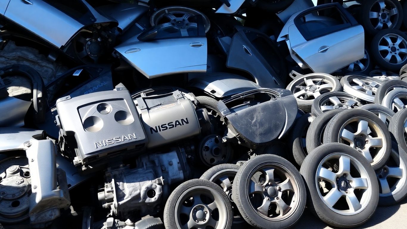 Nissan car parts in a wrecking yard.