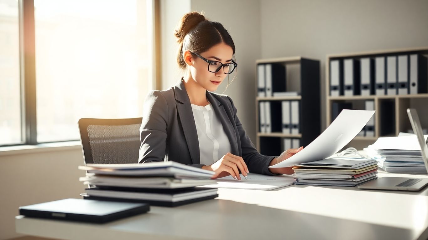 Executive assistant working at a desk in a modern office.
