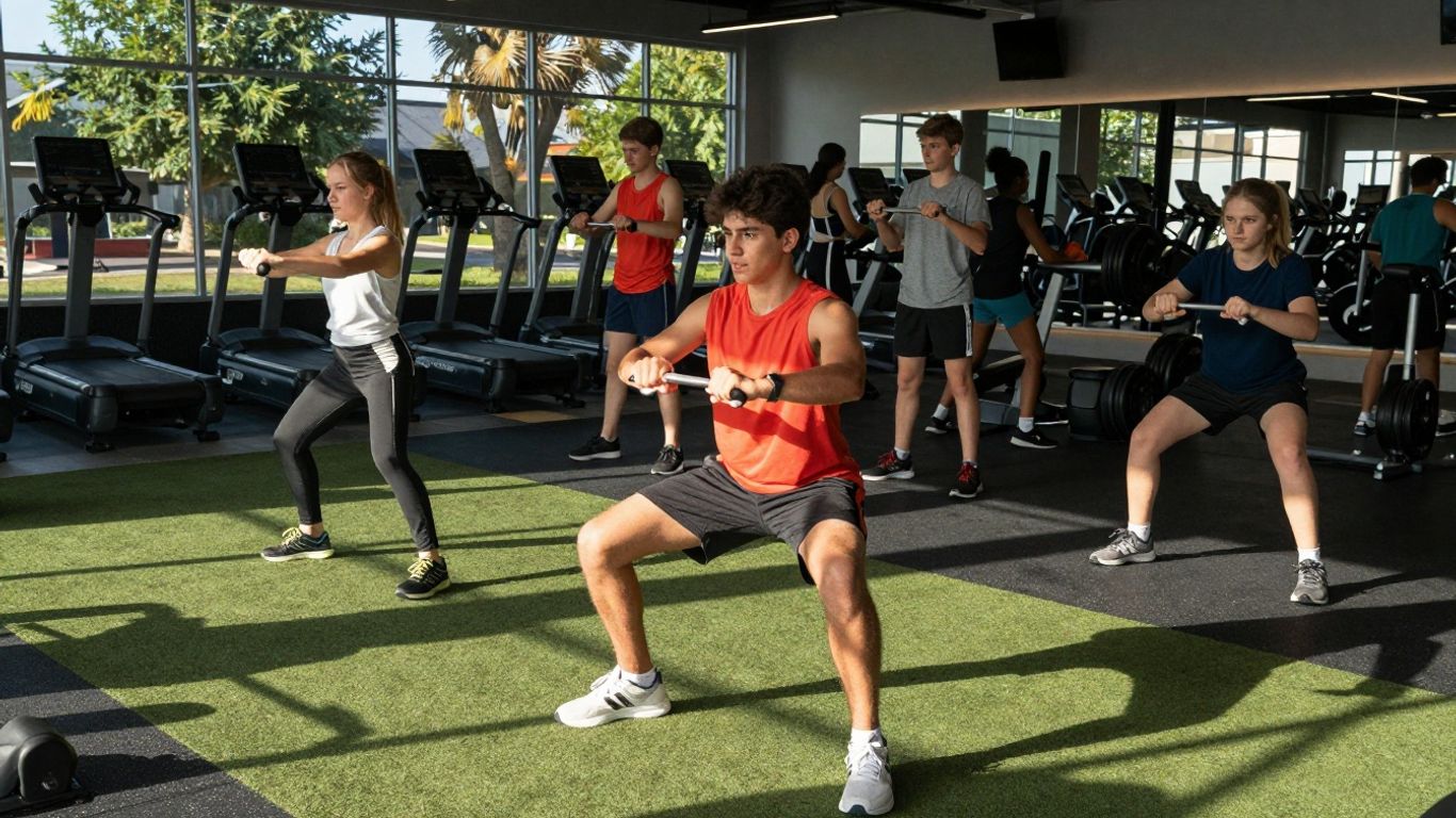 Teens exercising at Planet Fitness during summer.