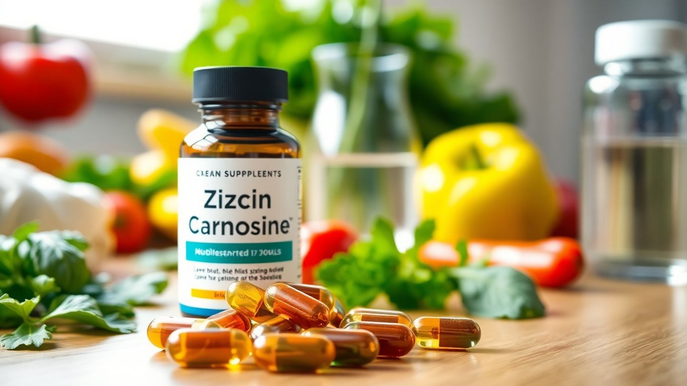 Zinc carnosine capsules with vegetables and water