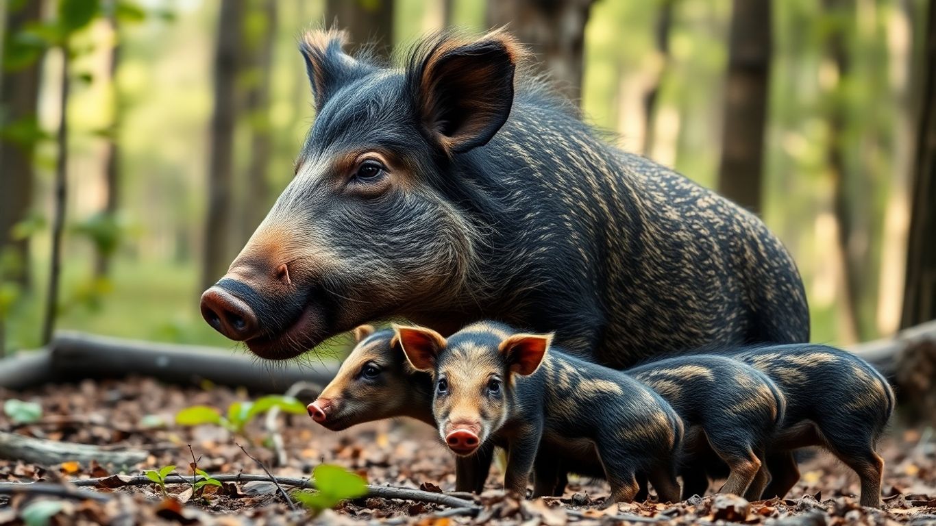 Fêmea de javali com filhotes na floresta.