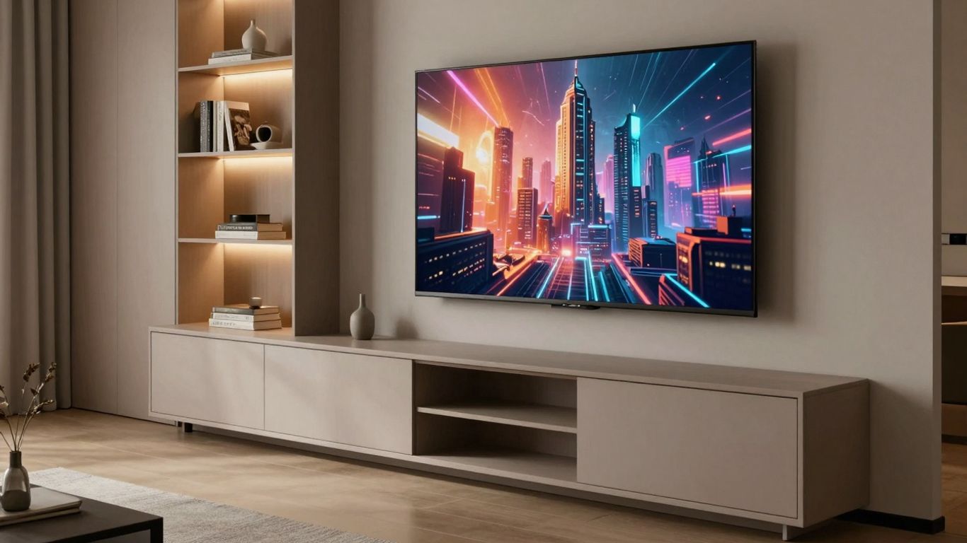 Modern entertainment unit with integrated shelving and ambient lighting.