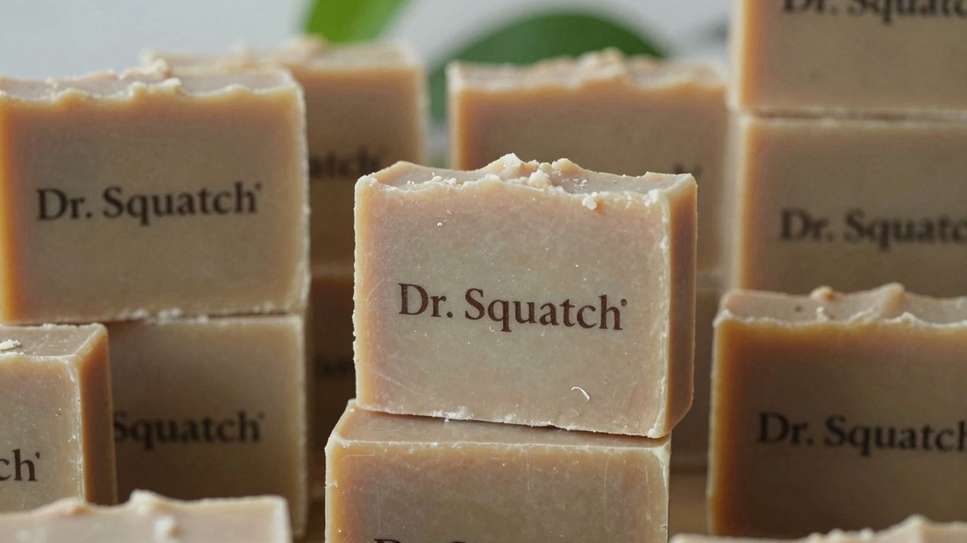 Dr. Squatch natural soap bars stacked high.