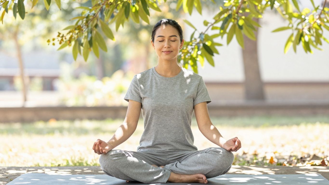 Person meditiert friedlich im Freien im Sonnenlicht.