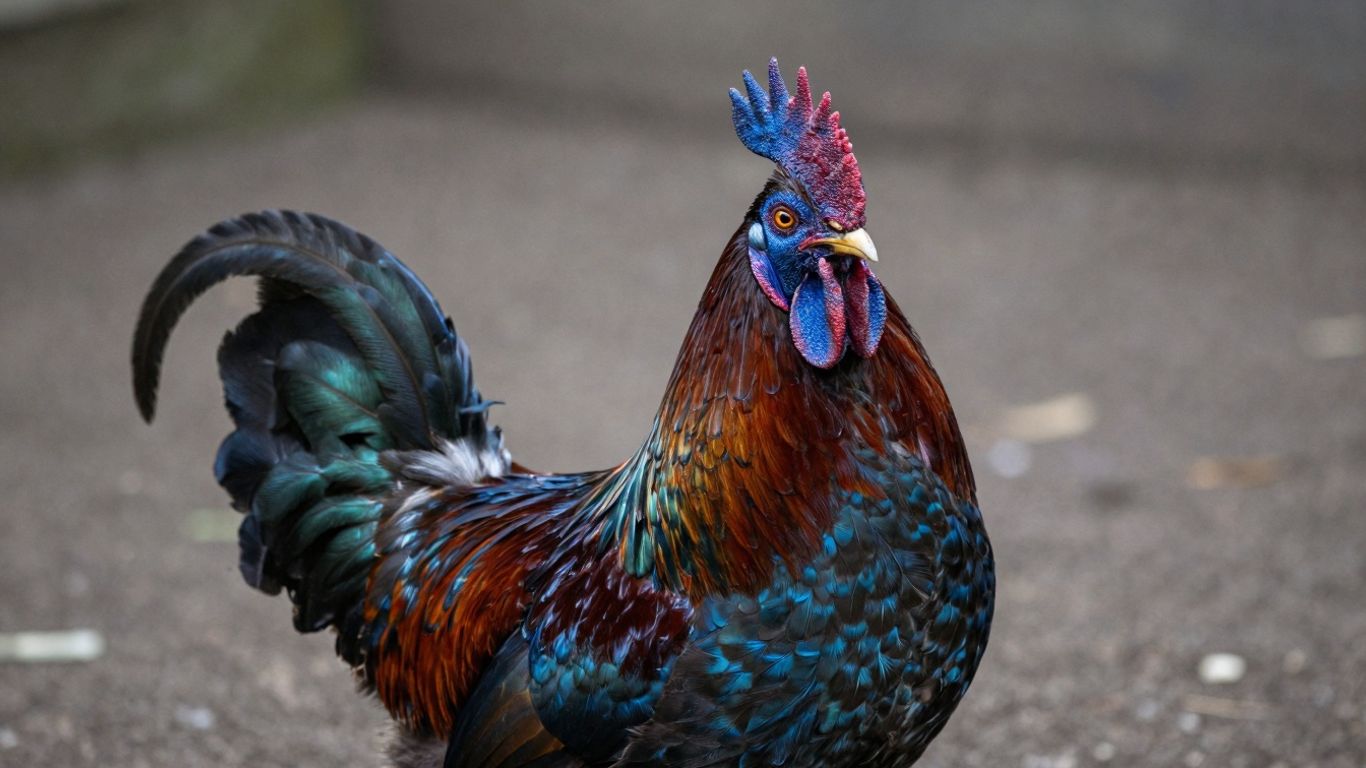 Blueface Hatch Rooster with distinctive blue facial skin.