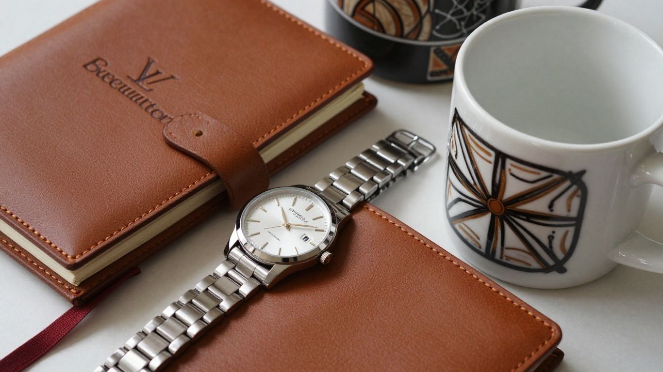 Personalized gifts like a watch, journal, and mug.
