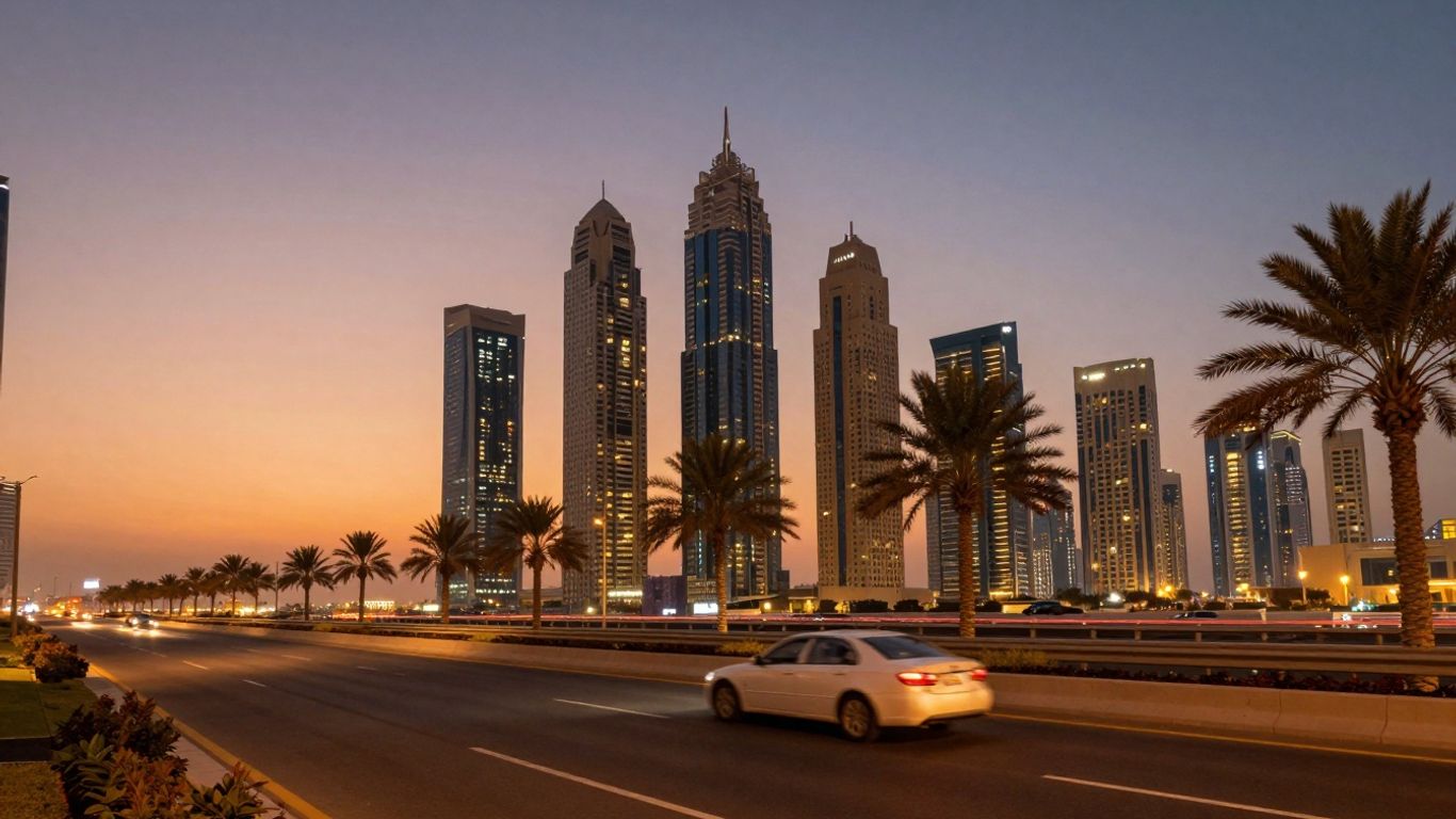 Dubai skyline with skyscrapers and a highway at dusk.