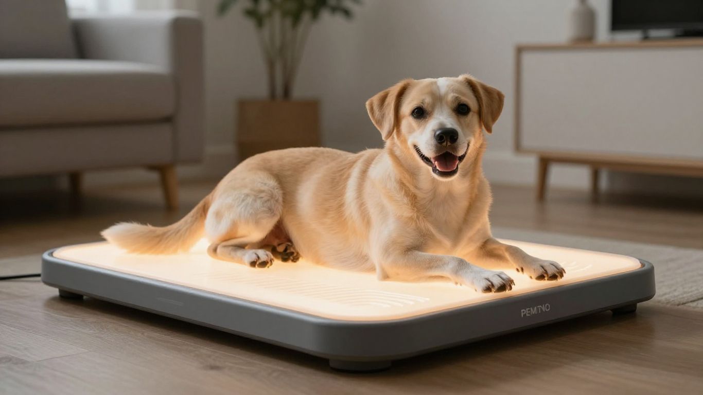 Dog relaxing on a pet PEMF mat.
