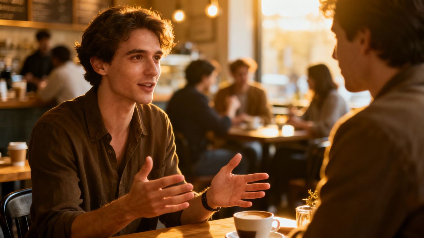 Person speaking fluently in a cafe setting.