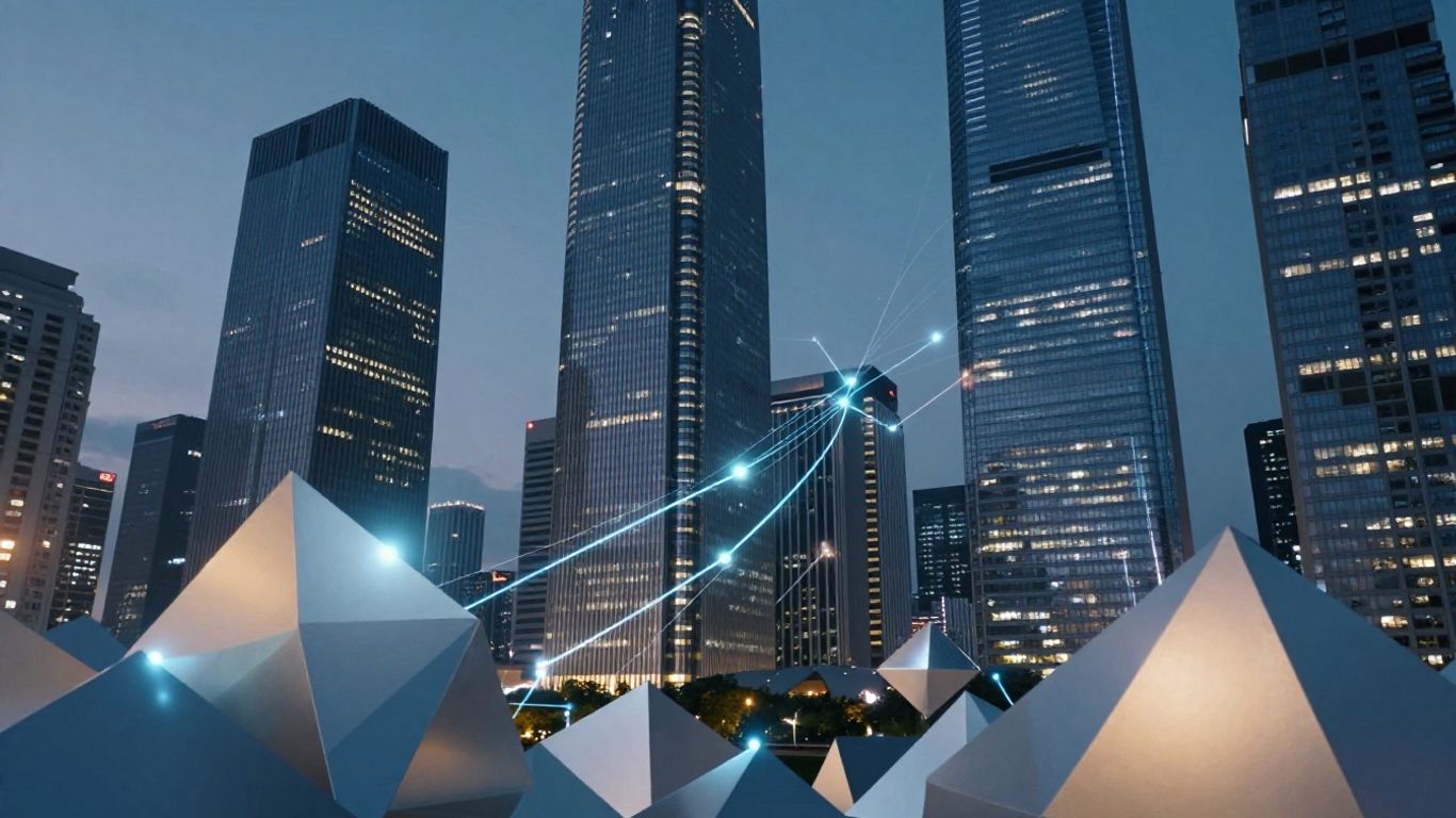 Digital streams connecting city buildings, abstract shapes.