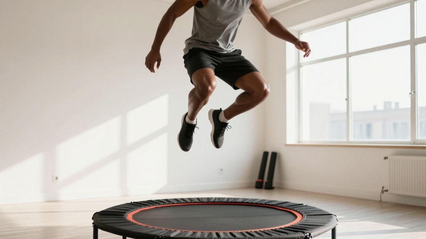 Person energetically bouncing on a mini-trampoline.