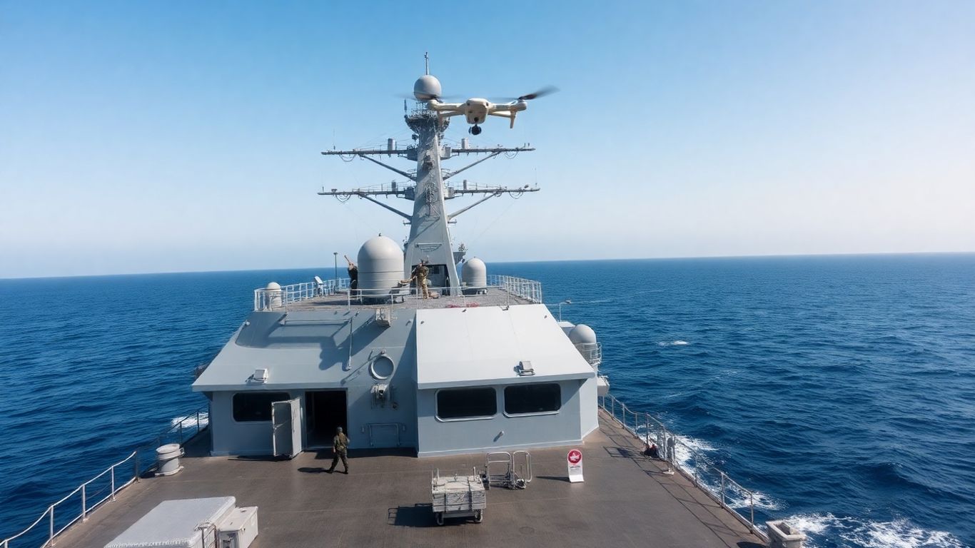 Navire de guerre et drone en action