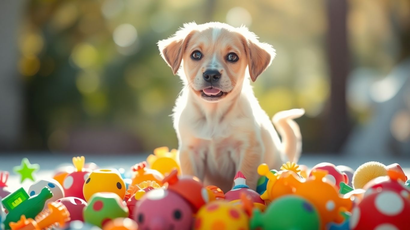 Puppy playing with toys, looking happy and engaged.