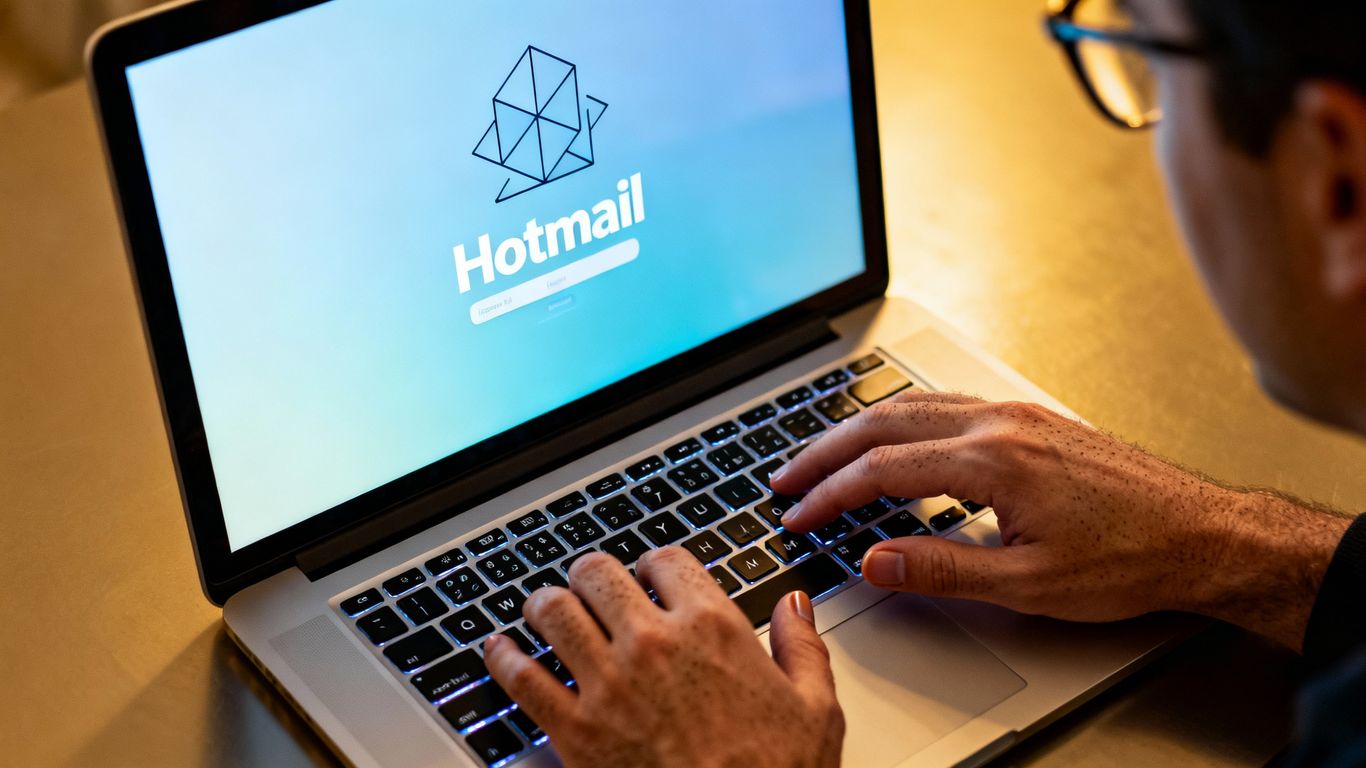 Mãos digitando no teclado do laptop com página do Hotmail.