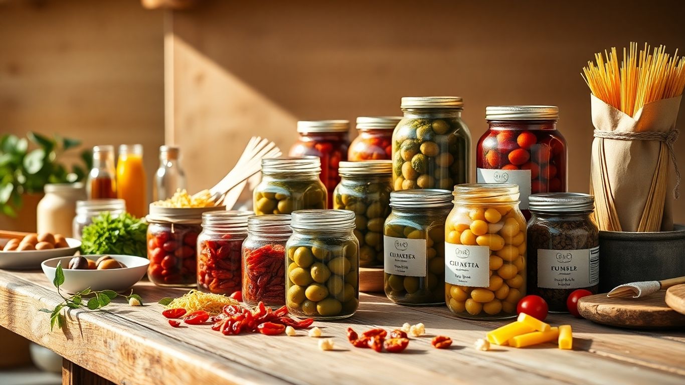 Assortment of premium Italian fine foods on a wooden table.