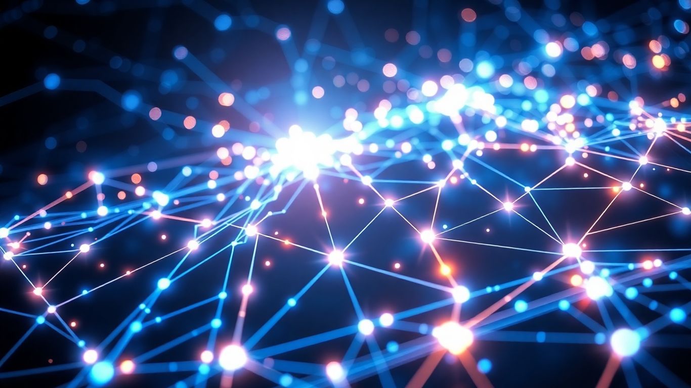 Abstract visualization of quantum computing circuits and qubits.
