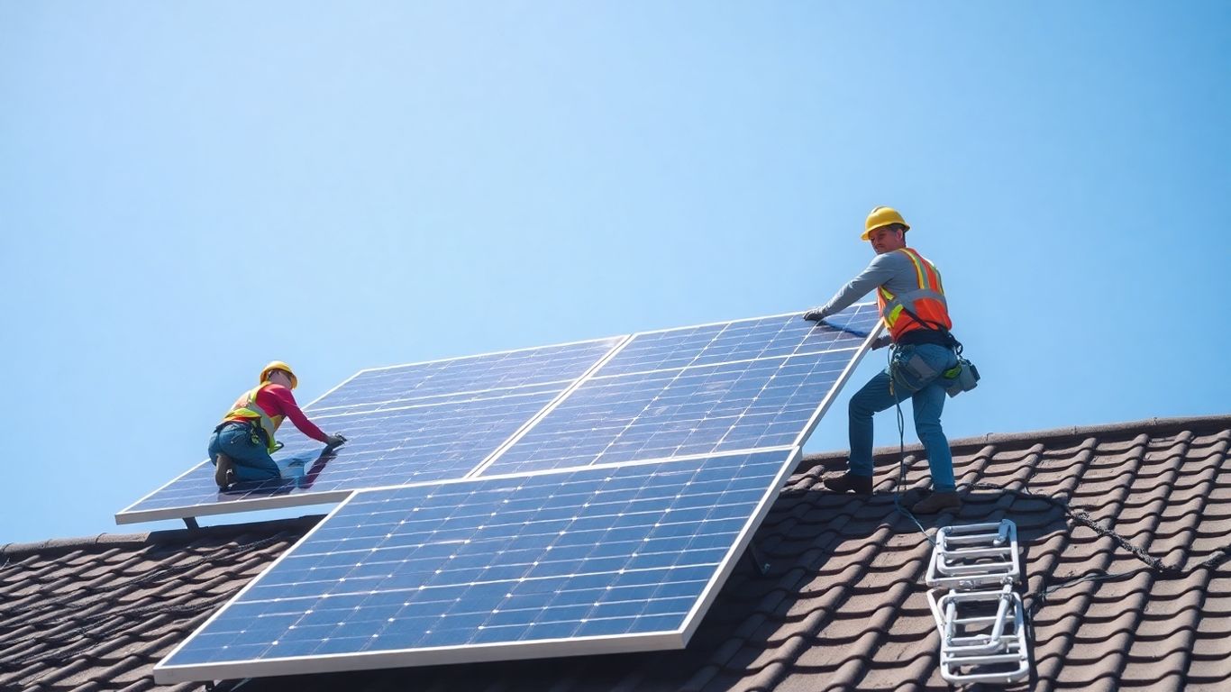 Solar panels being installed on a sunny rooftop.