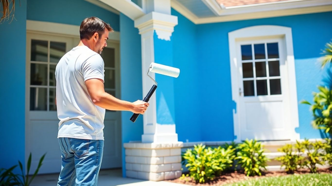 Painter applying blue paint to Orlando home exterior.