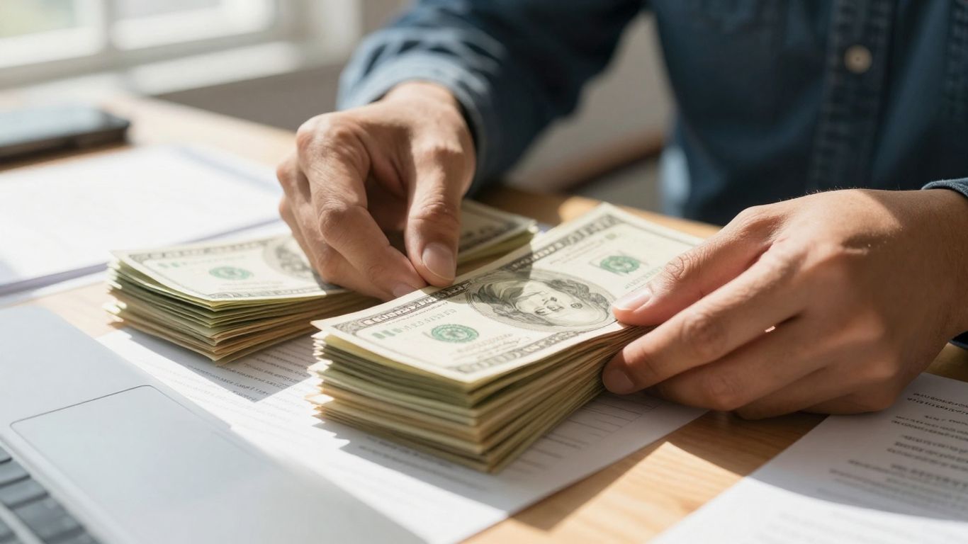 Hands organizing money and financial documents on a desk.