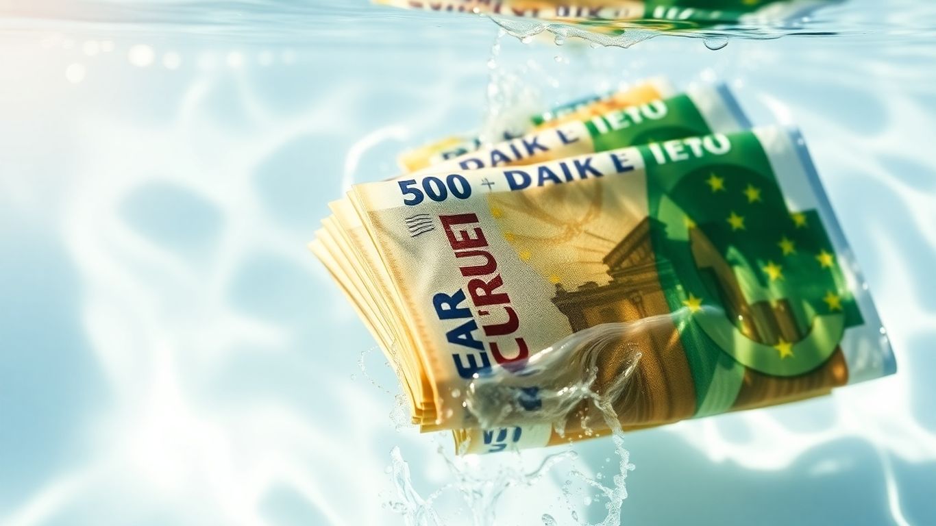 Billets d'euros mouillés dans l'eau avec des reflets lumineux.