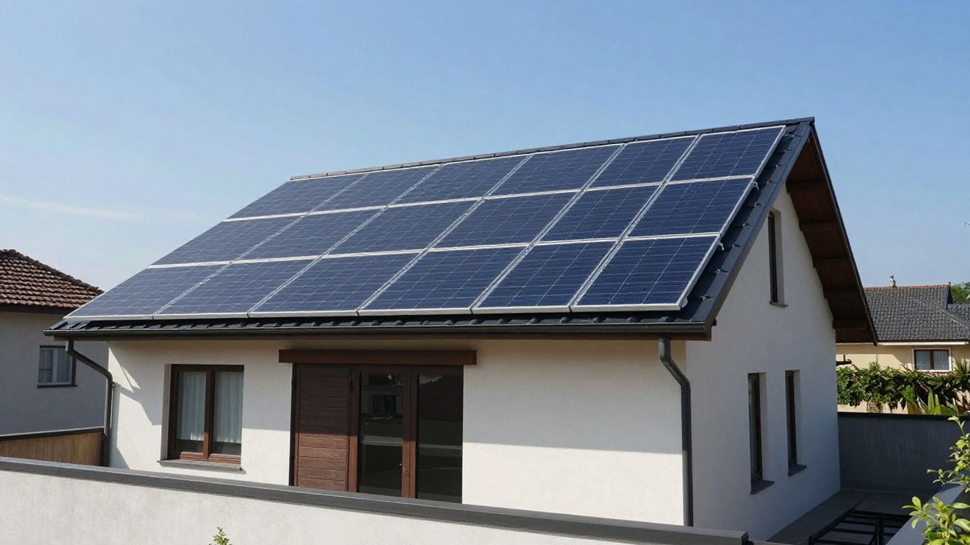 Maison avec panneaux solaires sur le toit sous le soleil.