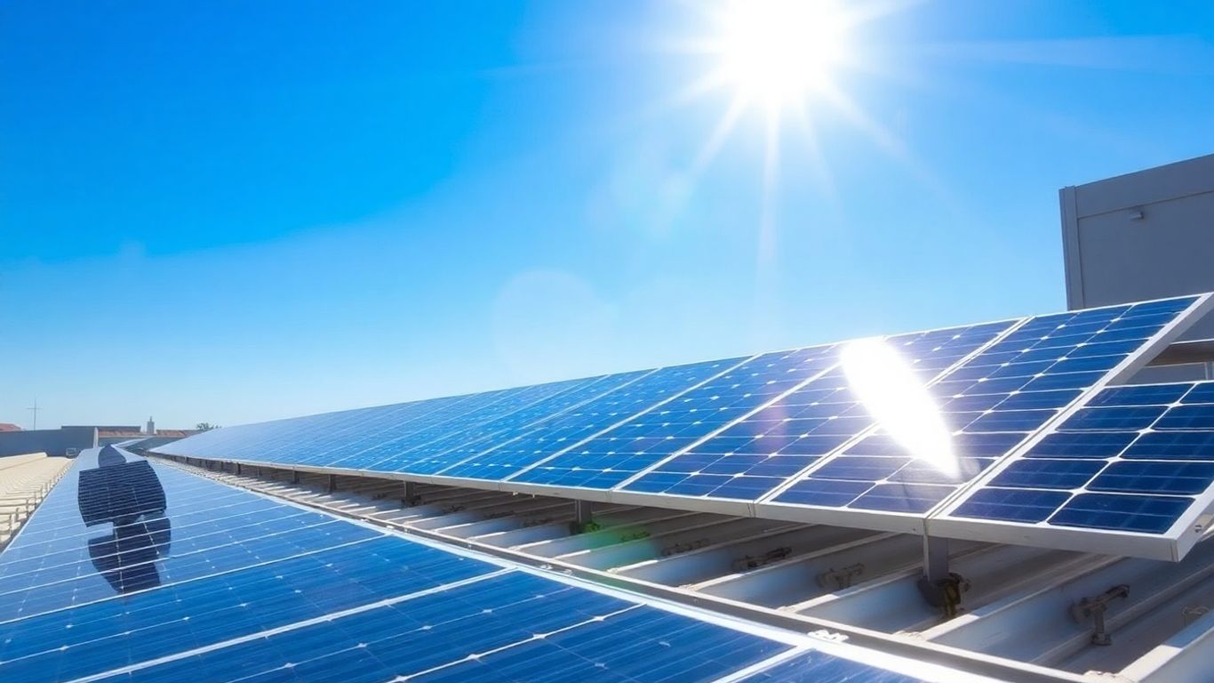 Solar panels on a roof under the sun.