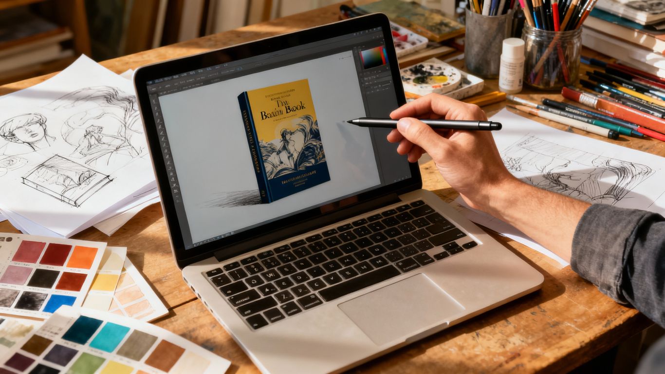 Book cover designer's workspace with art supplies and laptop.