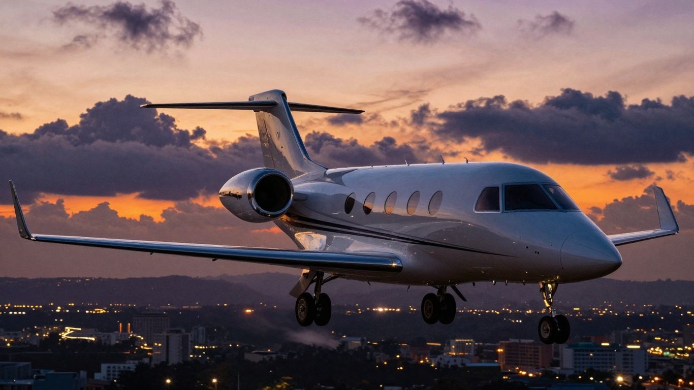 Private jet flying at sunset, exclusive travel
