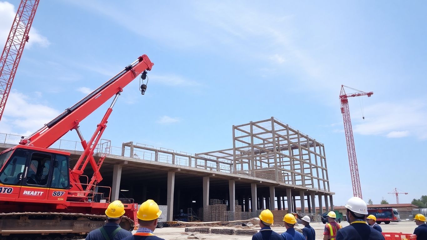 Construction site with heavy machinery and building progress.