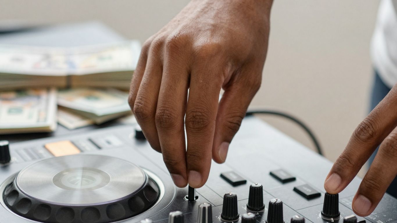 Beatmaker hands on controller with money in background