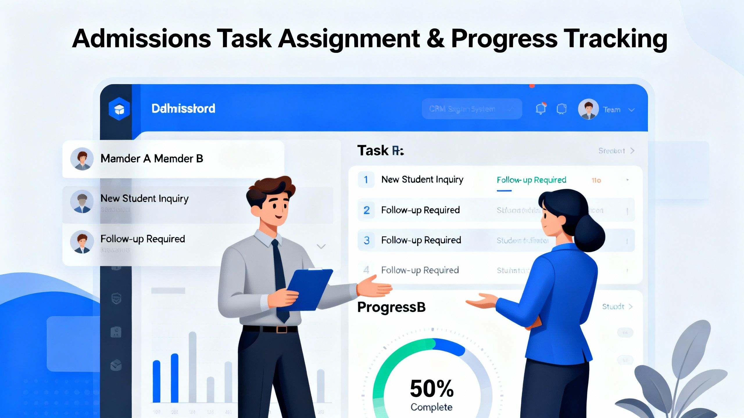 Team member assigning admissions tasks and tracking student progress in CRM