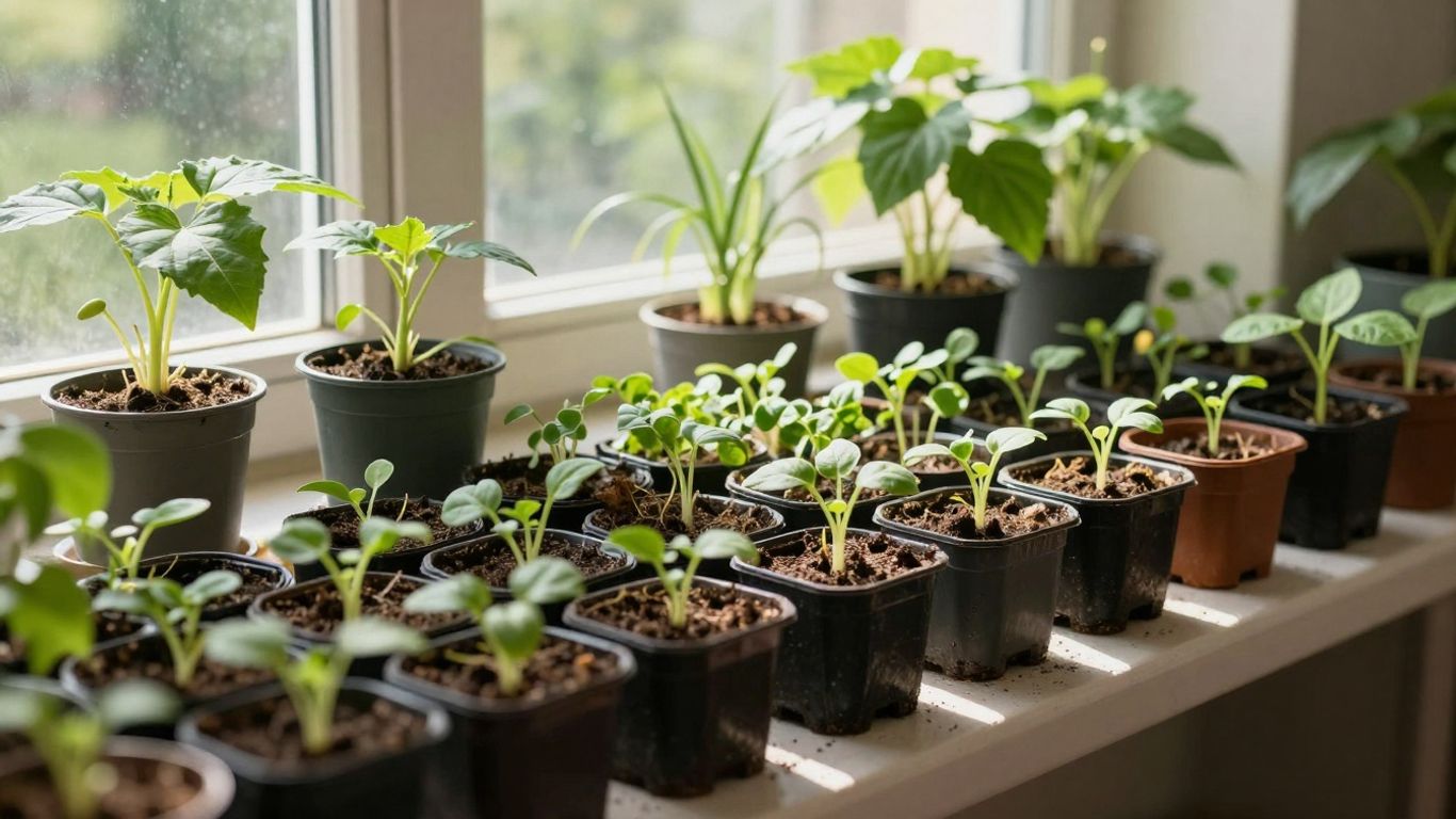 Fensterbank mit jungen Pflanzen und Sonnenlicht