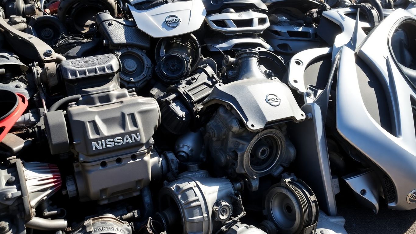 Nissan car parts in a salvage yard.